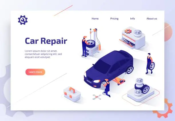 Vector illustration of Car Repair Shop Isometric Vector Web Banner