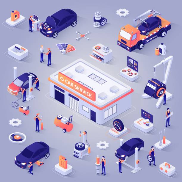 Car Service Isometric Projection Vector Icons Set Car Service Isometric Projection Icons Set. Repair Shop Garage , Tow Truck, Mechanics or Technicians Repairing, Replacing Spare Parts in Vehicle, Working Tools and Equipment Illustrations Collection mode of transport illustrations stock illustrations