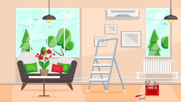 Vector illustration of Living Room Repair Design Flat Vector Illustration