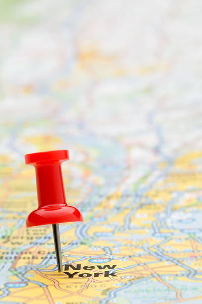 istock Red pushpin marking New York City on map, selective focus 113038078