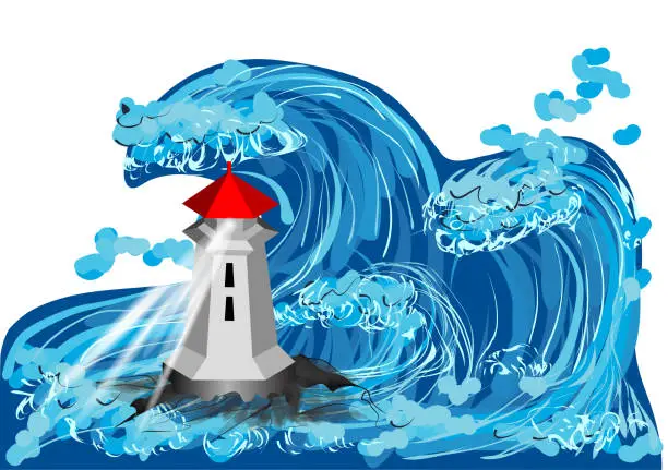 Vector illustration of lighthouse in the sea