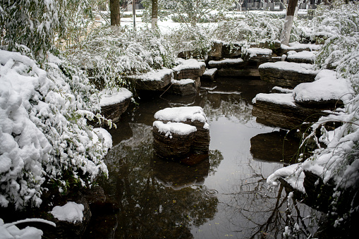 snow covered rocks and stream