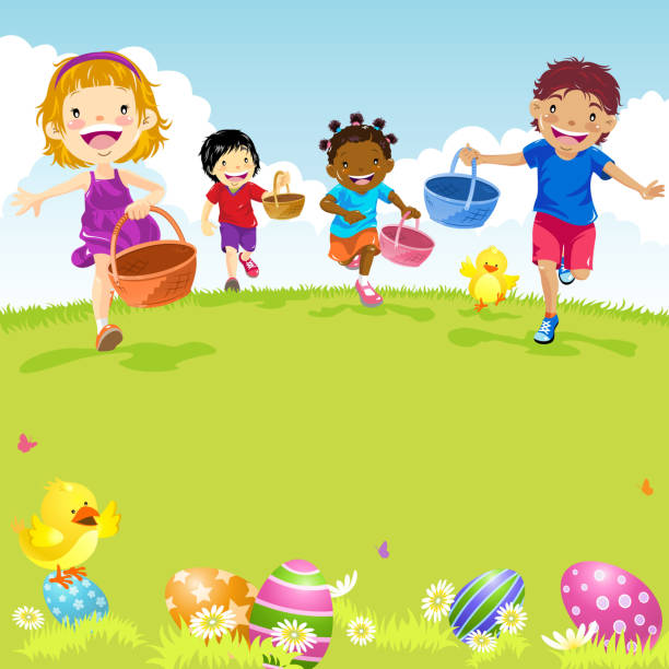 illustrations, cliparts, dessins animés et icônes de multiethniques enfants jouant chasse aux oeufs de pâques - child easter flower little girls