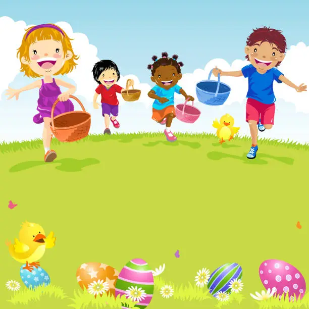 Vector illustration of Multi-Ethnic Children Playing Easter Egg Hunt