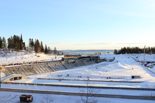 Oslo, Norway - December 30, 2018: Holmenkollbakken of the biathlon stadium located at Holmenkollen in Oslo, Norway.