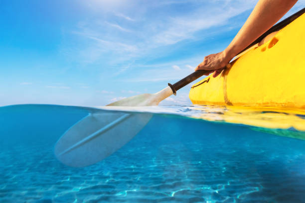 split view of person kayaking in transparent blue sea, underwater and above water photography of kayak and paddle in warm summer tropical travel destination for vacation holidays - sky human hand water white imagens e fotografias de stock