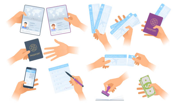 The situations in the airport and customs control zone. A situations in the airport and customs control zone. A hands holding passport, mobile boarding pass. A man writes customs declaration. Flat vector concept illustrations isolated on white background. traffic ticket stock illustrations