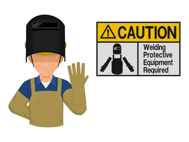 Vector illustration of Industrial worker is presenting Welding protection warning sign