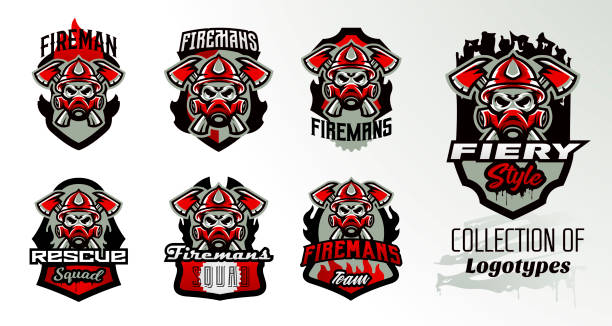 Collection of colorful icons, logos, stickers, emblems fireman s skull in a gas mask and axes. Protection, rescue squad, uniform, bones, tools, fire, shield, lettering, print. Vector illustration Collection of colorful icons, logos, stickers, emblems fireman s skull in a gas mask and axes. Protection, rescue squad, uniform, bones, tools, fire, shield, lettering, print. Vector illustration. firefighter shield stock illustrations
