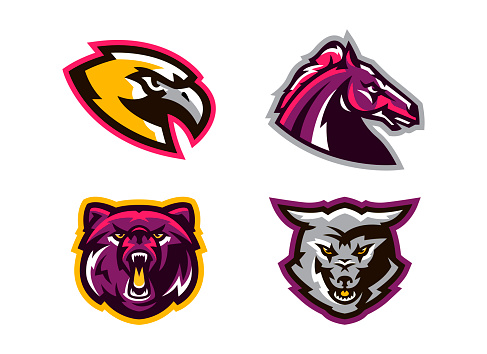 Collection of animal logos. A wolf, a coyote, a bear, a grizzly, a hawk, an eagle, a horse, a stallion. Identity for sports club, mascots. Vector illustration.