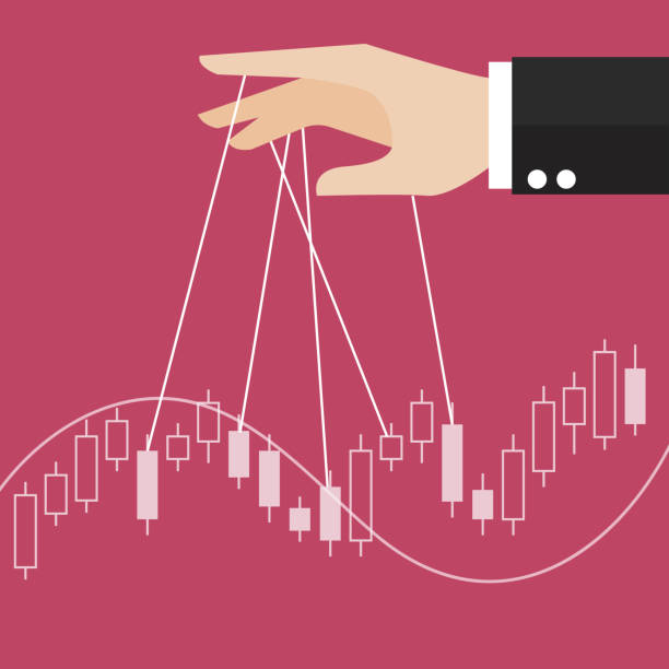 Hand is controlling stock candle stick graph Hand is controlling stock candle stick graph. Business concept puppet strings stock illustrations