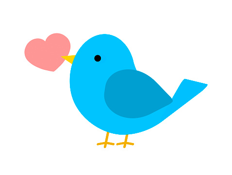 A little bird is holding a heart mark in its mouth.