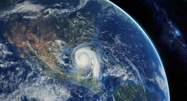 huracán acercándose al continente americano visible sobre la tierra, una vista desde el satélite. - satellite view fotos fotografías e imágenes de stock