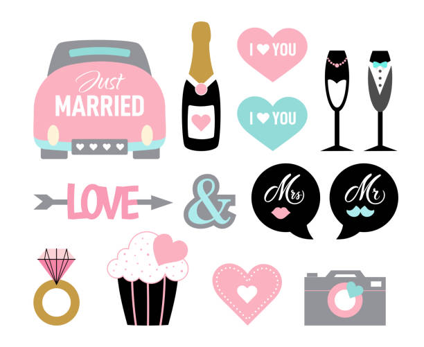 Wedding icon set cartoon style marriage bride Wedding icon set in cartoon style. Cute marriage symbols: vintage car, champagne, cake, ring, gift. Design for card, invitation, frame. Photo booth props in pastel colors. Elements for bride and groom. honeymoon book stock illustrations