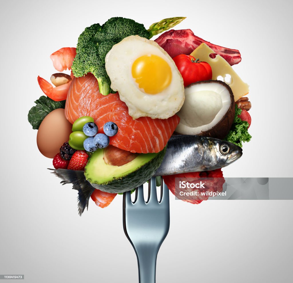 Eating Ketogenic Food Eating ketogenic food and Keto nutrition lifestyle diet low carb and high fat meal as fish nuts eggs meat avocado and other healthy ingredients as a therapeutic snacks on a fork with 3D illustration elements. Food Stock Photo