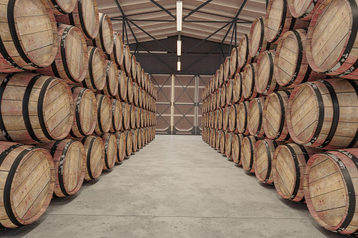 Wooden barrels in Warehouse