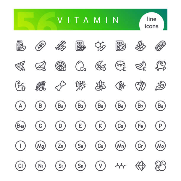 ilustraciones, imágenes clip art, dibujos animados e iconos de stock de conjunto de iconos de línea vitamina - mineral