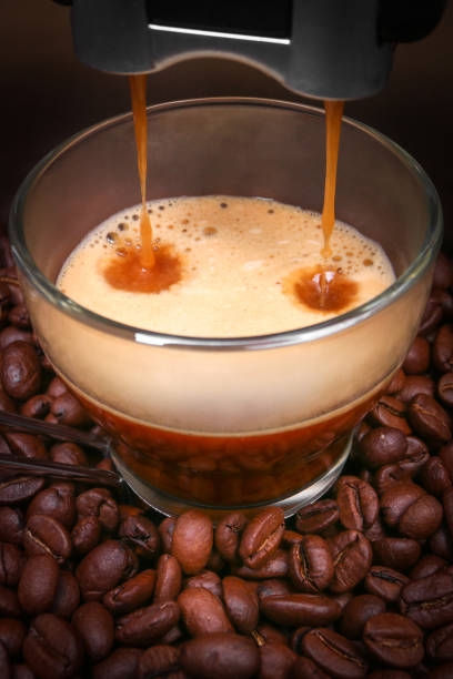 istock Espresso machine making coffee, coffee beams background 1130418791