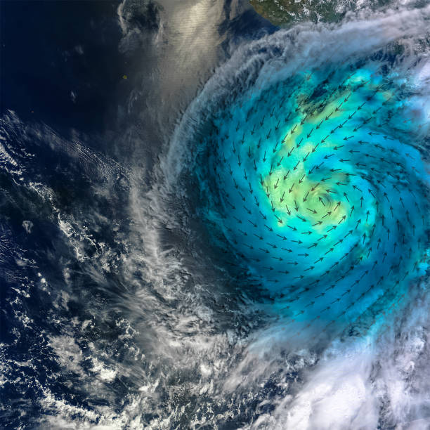 Hurricane with added wind speed direction scheem. Shades of blue-green indicate the range of speeds, with lighter shades representing stronger surface winds. Elements of this image furnished by NASA. huracán con la dirección de la velocidad del viento agregada scheem. los tonos de verde azulado indican el rango de velocidades, con tonos más claros que representan vientos superficiales más fuertes. os de esta imagen facilitados por la nasa.