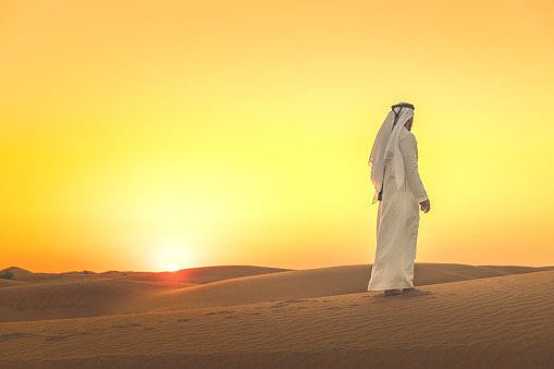 Hombre árabe admirando dunas expansivas durante el atardecer photo