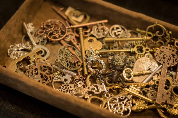 istock Vintage Keys Collection in suede chest box. 1130420195