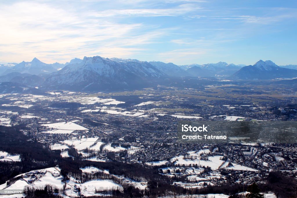 View to the south from the summit of Gaisberg near Salzburg - Watzmann, Untersberg Panoramic view over Salzburg from the Gaisberg - Sunday excursion - View towards Watzmann, Untersberg, Lattengebirge, Reiteralm, in front of it in the valley flows the Salzach - Gegenlicht Austria Stock Photo