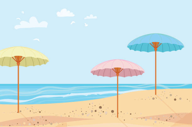 illustrations, cliparts, dessins animés et icônes de été en plein air. parasols. mer et sable. heure d’été. reste de la plage. vector - romance travel backgrounds beaches holidays and celebrations