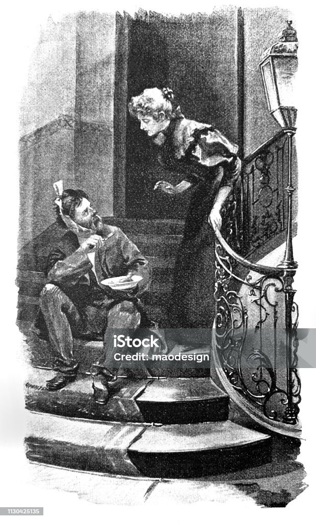Young woman gives a meal to the homeless - 1896 Soup Kitchen stock illustration