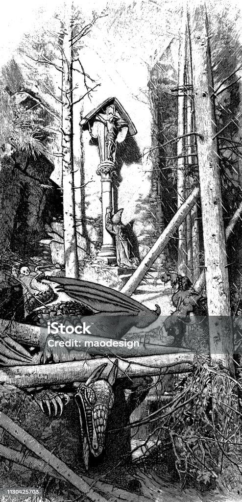 Dead Dragon, Cross, Monk in a magical forest - 1896 Fairy Tale stock illustration