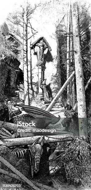 Dead Dragon Cross Monk In A Magical Forest 1896 Stock Illustration - Download Image Now