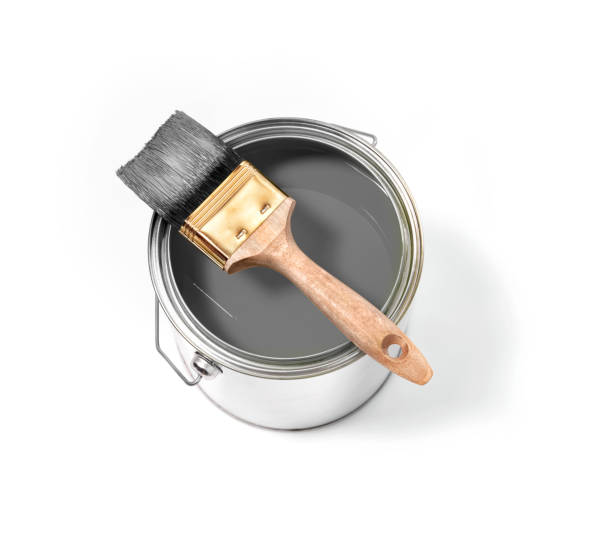 istock Grey paint tin can with brush on top on a white background 1130426665