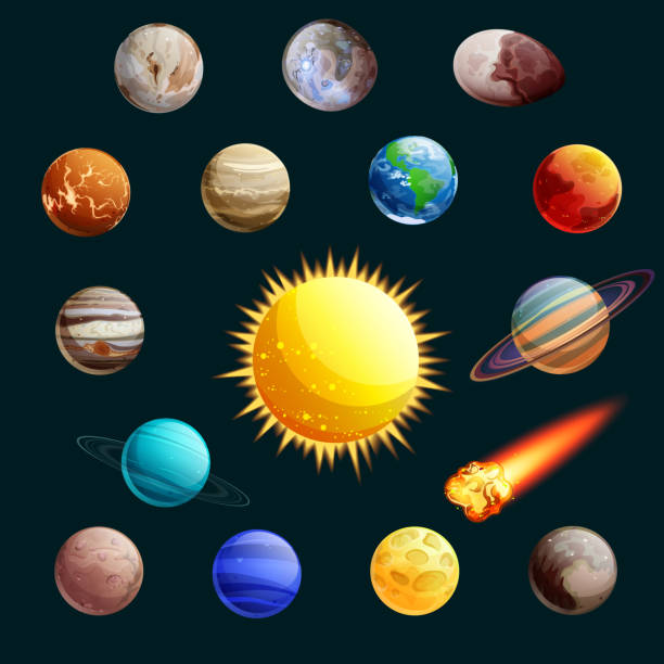 Solar system vector illustration. Sun, planets, satelites cartoon space icons and design elements Solar system vector illustration. Sun, planets, satelites cartoon space icons and design elements. venus planet stock illustrations