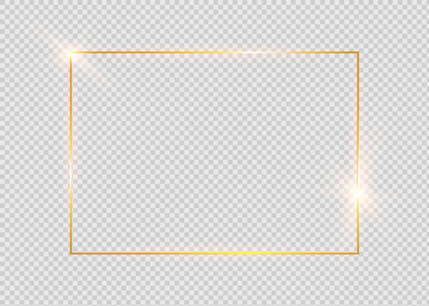 Gold shiny glowing vintage frame with shadows isolated on transparent background. Golden luxury realistic rectangle border. Gold shiny glowing vintage frame with shadows isolated on transparent background. Golden luxury realistic rectangle border. gold metal borders stock illustrations