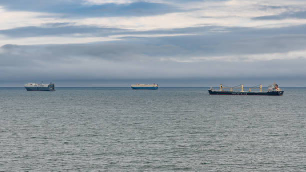 South Shields, Tyne and Wear, England, UK - September 05, 2018: View from South Shields at the North Sea with Ships parking