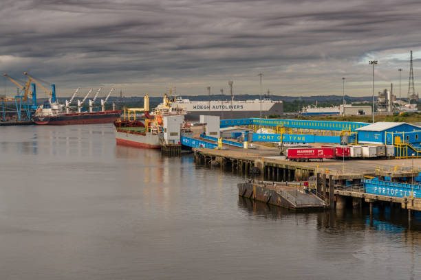 North Shields, Tyne and Wear, England, UK - September 05, 2018: View from the River Tyne towards the Port of Tyne