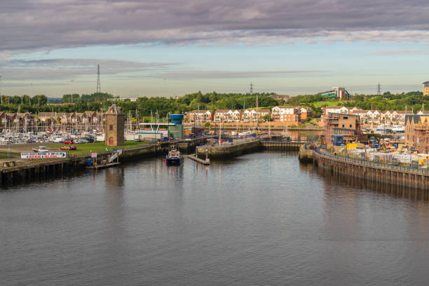 North Shields, Tyne and Wear, England, UK - September 05, 2018: View from the River Tyne towards the Royal Quays Marina