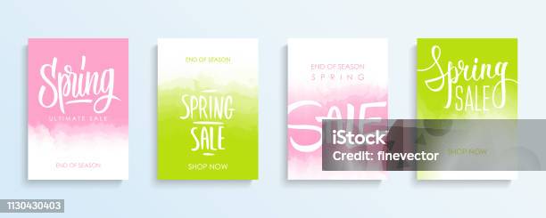 Spring Sale Promotional Flyers Or Covers Set With Hand Lettering For Springtime Shopping Commerce Discount Promotion And Advertising Stock Illustration - Download Image Now