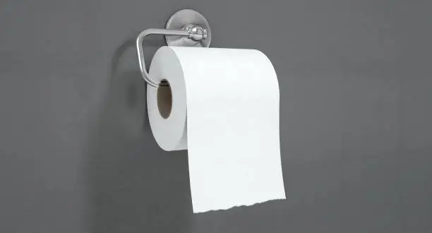 A roll of white toilet paper hanging on a chrome toilet roll holder on an isolated white textured background - 3D render