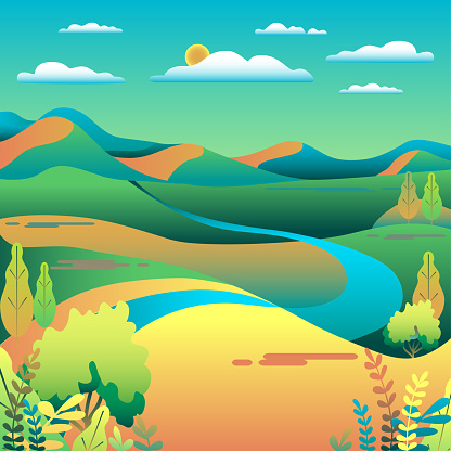 Hills and mountains landscape in flat style design. Valley background. Beautiful green fields, meadow, and blue sky. Rural location in the hill, river, trees, cartoon vector illustration