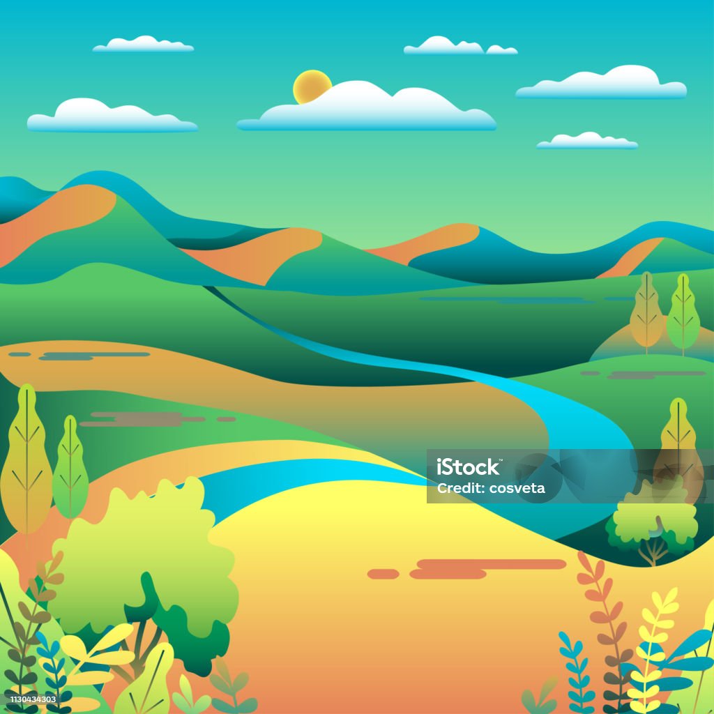 Hills And Mountains Landscape In Flat Style Design Valley Background ...