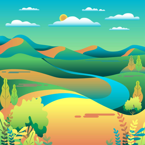 Hills and mountains landscape in flat style design. Valley background. Beautiful green fields, meadow, and blue sky. Rural location in the hill, forest, trees, cartoon vector illustration Hills and mountains landscape in flat style design. Valley background. Beautiful green fields, meadow, and blue sky. Rural location in the hill, river, trees, cartoon vector illustration river clipart stock illustrations