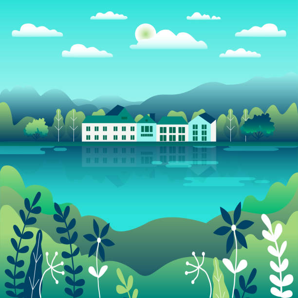 ilustrações de stock, clip art, desenhos animados e ícones de hills and mountains landscape in flat style design. valley background. beautiful green fields, meadow, and blue sky. rural location in the hill, lake,  forest, cartoon vector illustration - lake forest landscape silhouette