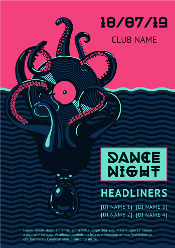 Poster template with octopus and vinyl record. Night party vector background. Summer dance music festival.