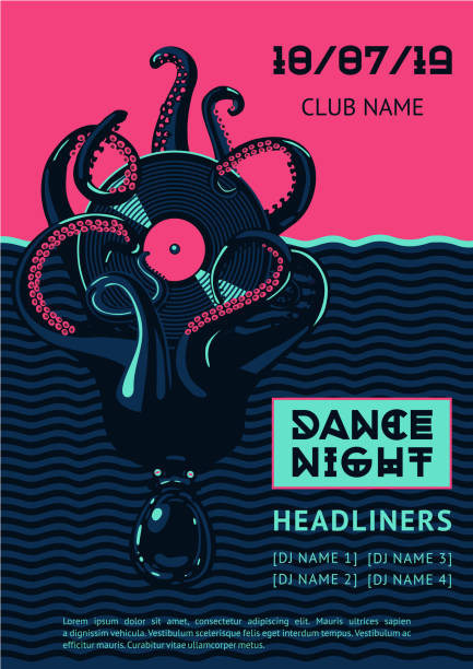 Poster template with octopus and vinyl record. Poster template with octopus and vinyl record. Night party vector background. Summer dance music festival. water animal octopus sea stock illustrations