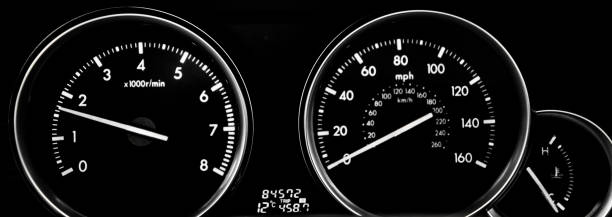 car dashboard dials - engine rpm and speedometer - speedometer odometer car rpm imagens e fotografias de stock