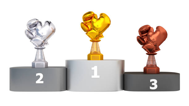 istock Front View of a Podium with Boxing Trophies 1130436816