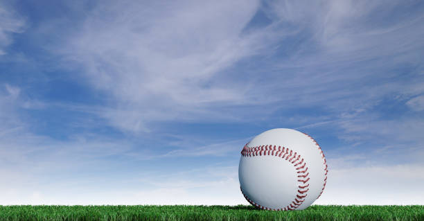 baseball messo su un prato ben tagliato - baseballs baseball grass sky foto e immagini stock