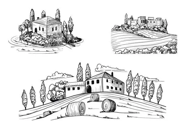 Vector illustration of Set of landscapes views with fields, castle and houses. Ink drawings with nature and buildings, trees, sheafs of hay and meadows. Hand drawn ink style. Vector illustration.
