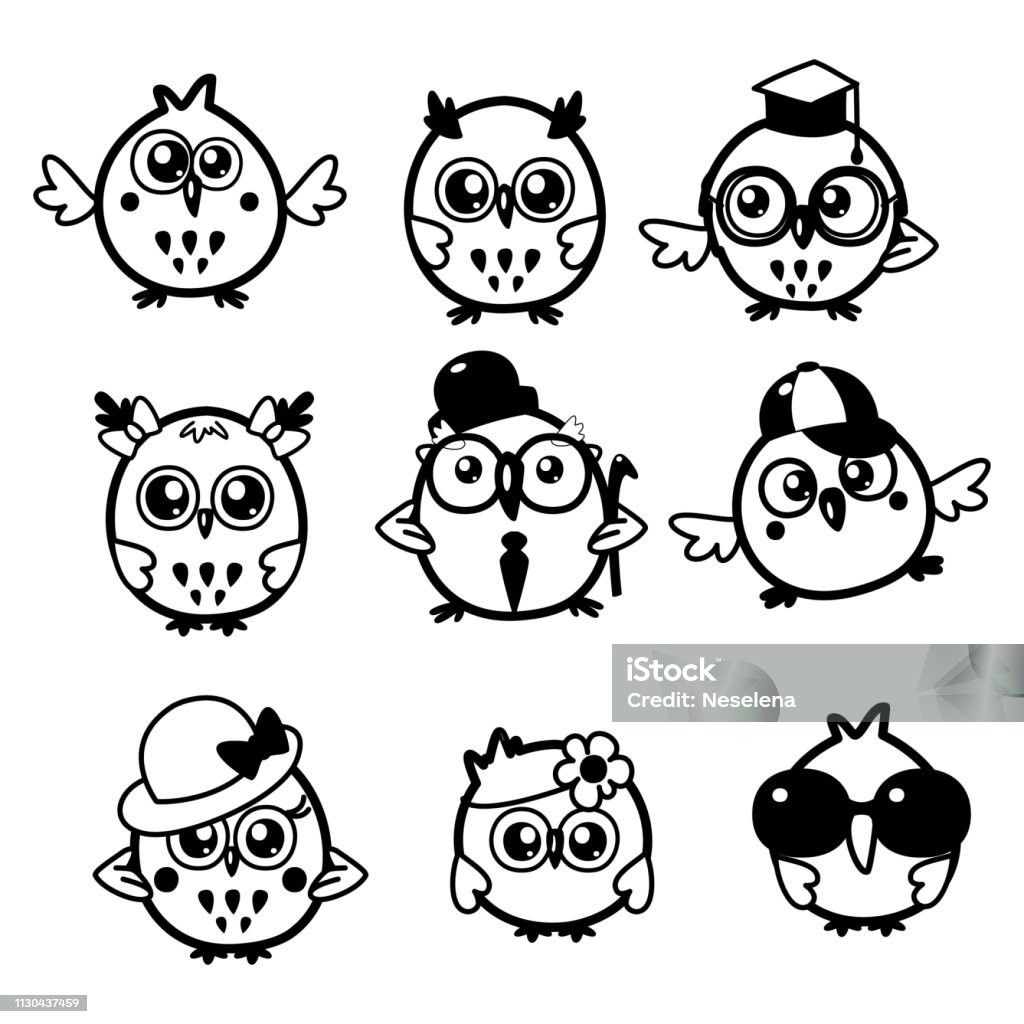 Set of cute black and white owls with different glasses and hats. Cartoon bird emojis and stickers. Vector illustration. Kawaii style. Animal stock vector