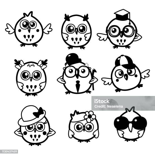 Set Of Cute Black And White Owls With Different Glasses And Hats Cartoon Bird Emojis And Stickers Vector Illustration Kawaii Style Stock Illustration - Download Image Now